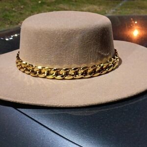 Tan Wide-Brim Hat with Gold Chain